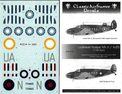 Classic Airframes 48001 HUDSON MK III/A-29 DECALQUE Plastic models 1:48