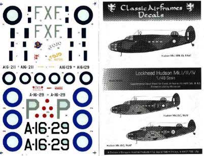 Classic Airframes 48004 HUDSON MK I/III/IV DECALQUE Plastic models 1:48