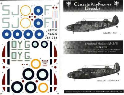 Classic Airframes 48005 HUDSON MK I/III DECALQUE Plastic models 1:48